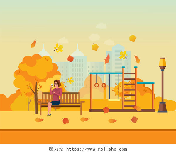 秋天的城市公园与季节性的彩色的叶子